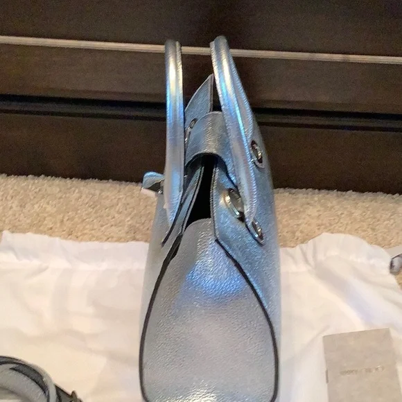 Jimmy Choo Silver Satchel with Structured Design and Top Handles - Picture 7 of 13